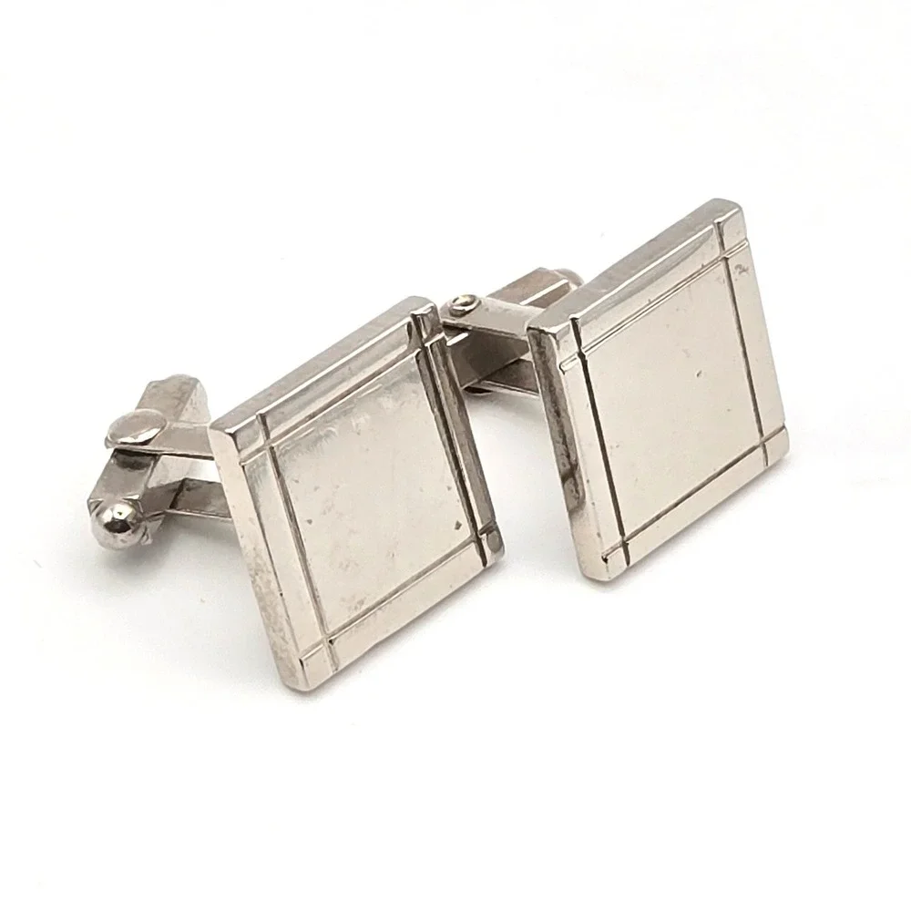 Vintage Silver Tone Cufflinks Set Round Hickok USA Engraved and Square Geometric